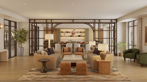 a living room with a large couch and a table